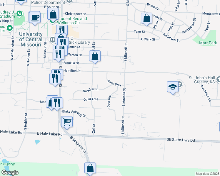 map of restaurants, bars, coffee shops, grocery stores, and more near 518 Swallow Street in Warrensburg