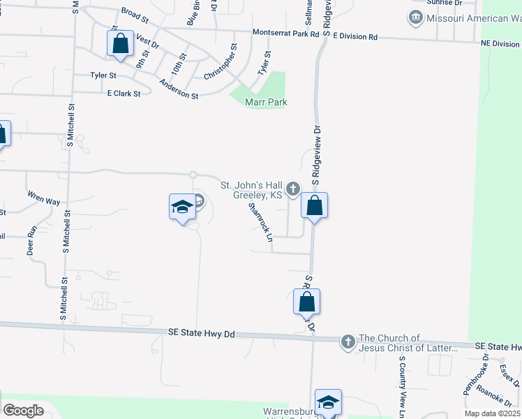 map of restaurants, bars, coffee shops, grocery stores, and more near 711 Shamrock Lane in Warrensburg