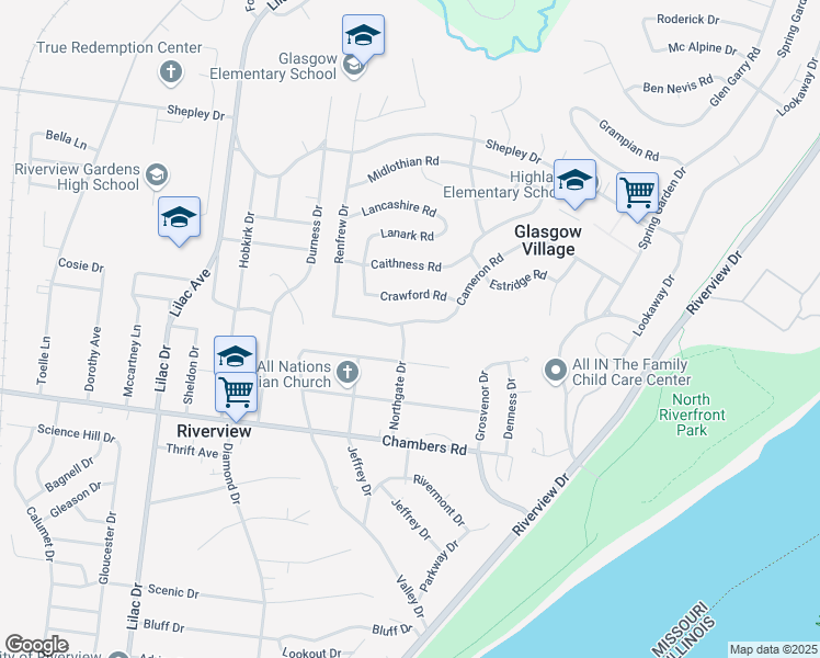 map of restaurants, bars, coffee shops, grocery stores, and more near 384 Cameron Road in St. Louis