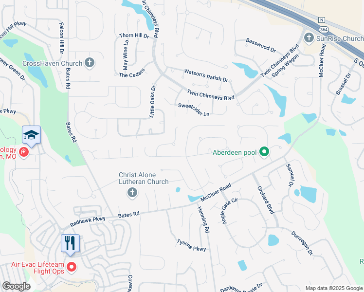map of restaurants, bars, coffee shops, grocery stores, and more near 2473 Macpherson Drive in O'Fallon