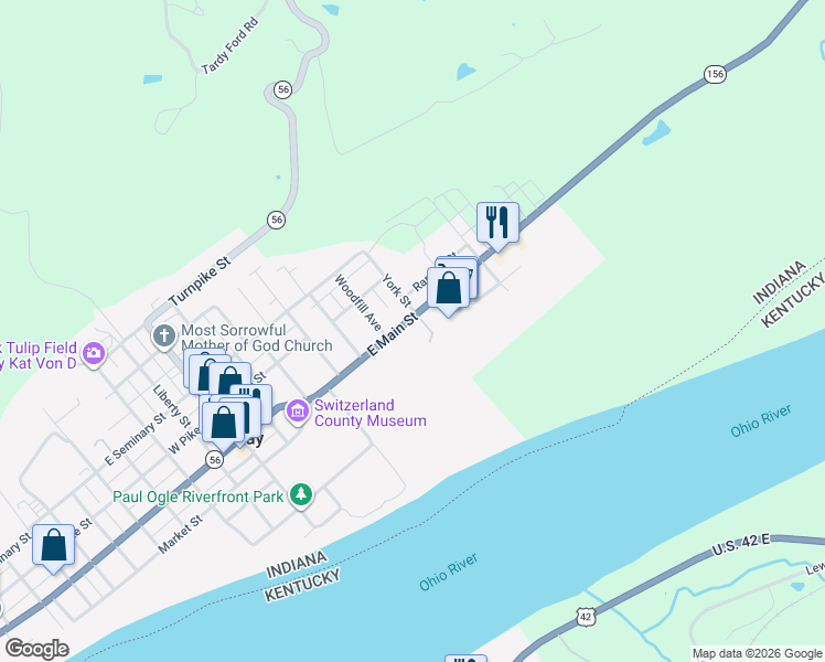 map of restaurants, bars, coffee shops, grocery stores, and more near 605 East Main Street in Vevay