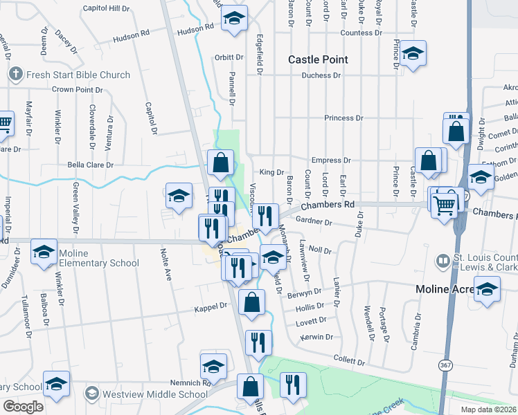 map of restaurants, bars, coffee shops, grocery stores, and more near 10016 Viscount Drive in Saint Louis