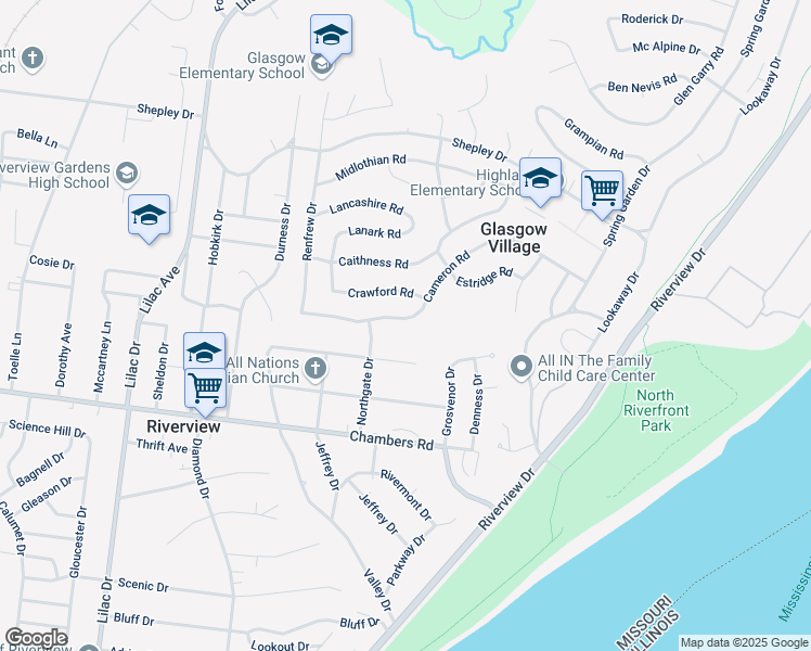 map of restaurants, bars, coffee shops, grocery stores, and more near 358 Cameron Road in St. Louis