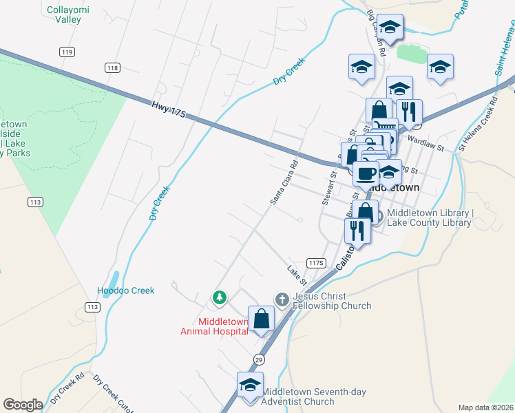 map of restaurants, bars, coffee shops, grocery stores, and more near 21229 Santa Clara Road in Middletown