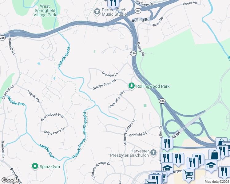 map of restaurants, bars, coffee shops, grocery stores, and more near 7904 Mulberry Bottom Court in Springfield