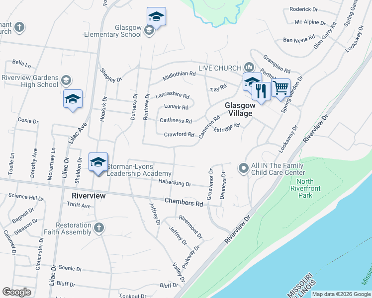 map of restaurants, bars, coffee shops, grocery stores, and more near 368 Cameron Road in St. Louis