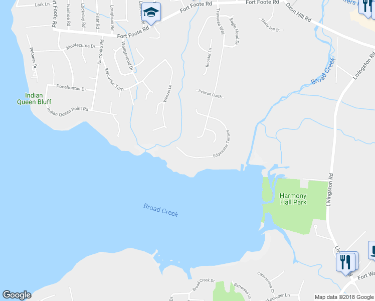 map of restaurants, bars, coffee shops, grocery stores, and more near 10049 Edgewater Terrace in Fort Washington