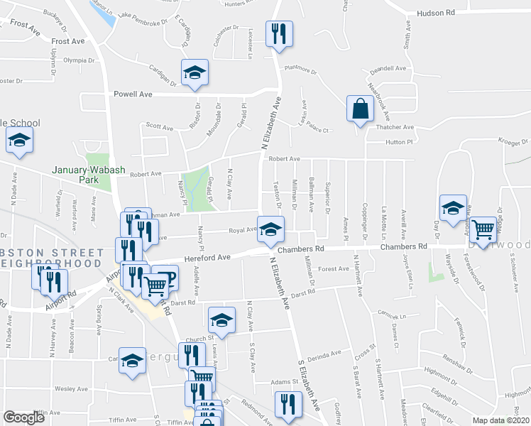 map of restaurants, bars, coffee shops, grocery stores, and more near 328 North Elizabeth Avenue in Ferguson