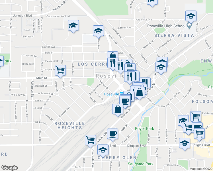map of restaurants, bars, coffee shops, grocery stores, and more near 200 North Grant Street in Roseville