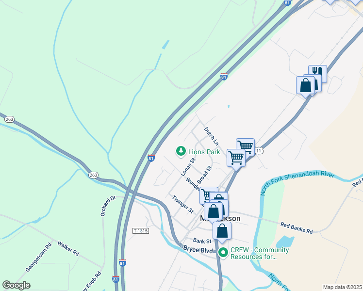 map of restaurants, bars, coffee shops, grocery stores, and more near 5860 Cardinal Street in Mount Jackson