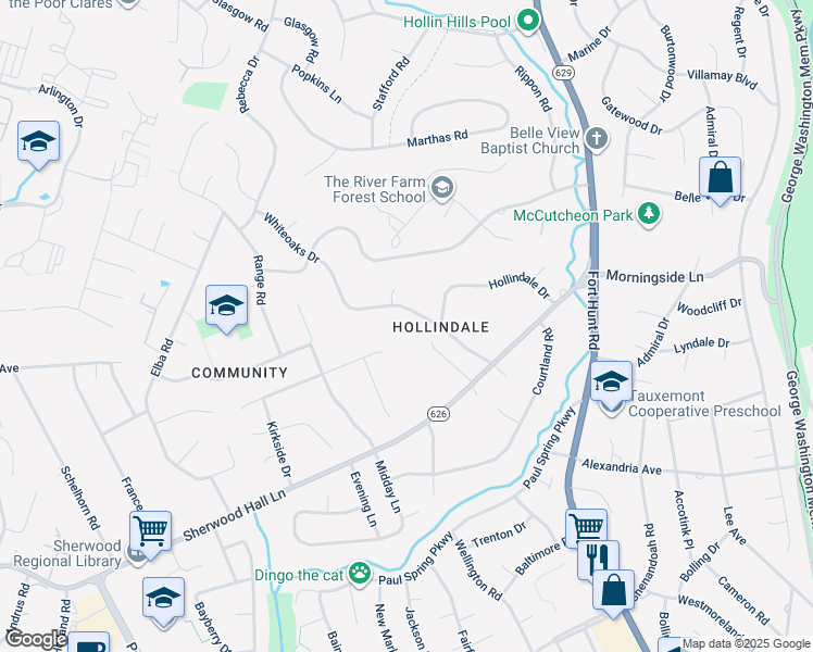 map of restaurants, bars, coffee shops, grocery stores, and more near 1907 Whiteoaks Drive in Alexandria