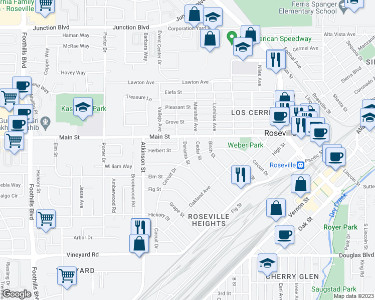 map of restaurants, bars, coffee shops, grocery stores, and more near 316 Duranta Street in Roseville