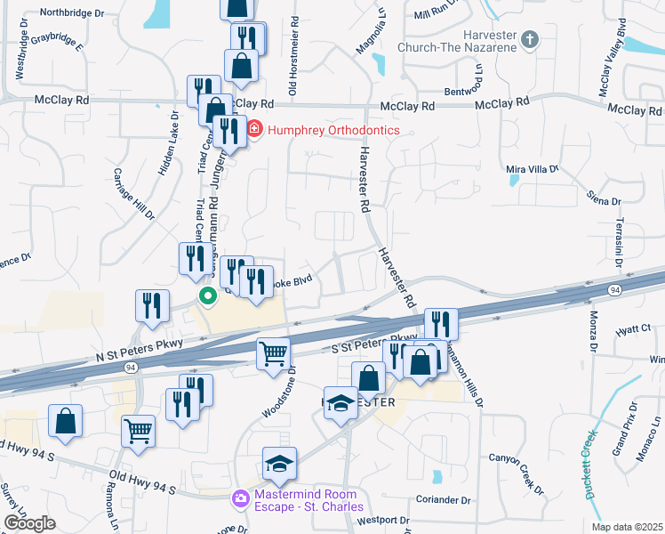 map of restaurants, bars, coffee shops, grocery stores, and more near 512 Queens Court Place in St. Peters