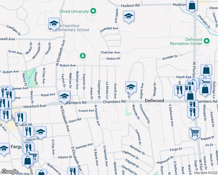 map of restaurants, bars, coffee shops, grocery stores, and more near 326 La Motte Lane in Ferguson