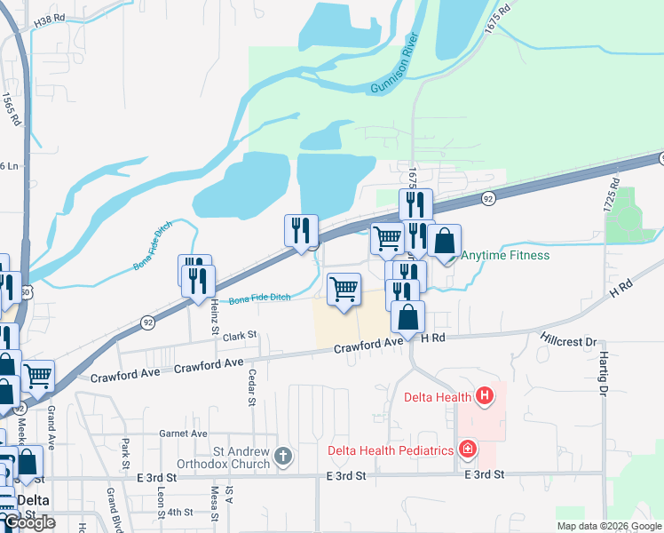 map of restaurants, bars, coffee shops, grocery stores, and more near 1350 Valley View Drive in Delta