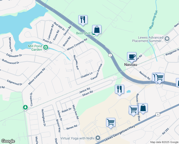 map of restaurants, bars, coffee shops, grocery stores, and more near 18329 Port Circle in Lewes