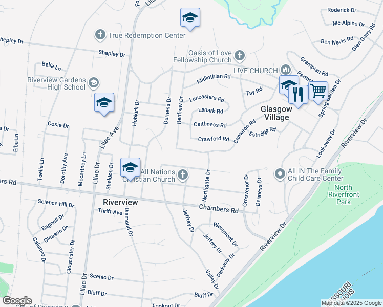 map of restaurants, bars, coffee shops, grocery stores, and more near 426 Cameron Road in St. Louis