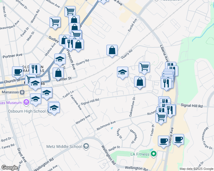 map of restaurants, bars, coffee shops, grocery stores, and more near 8630 Signal Hill Road in Manassas