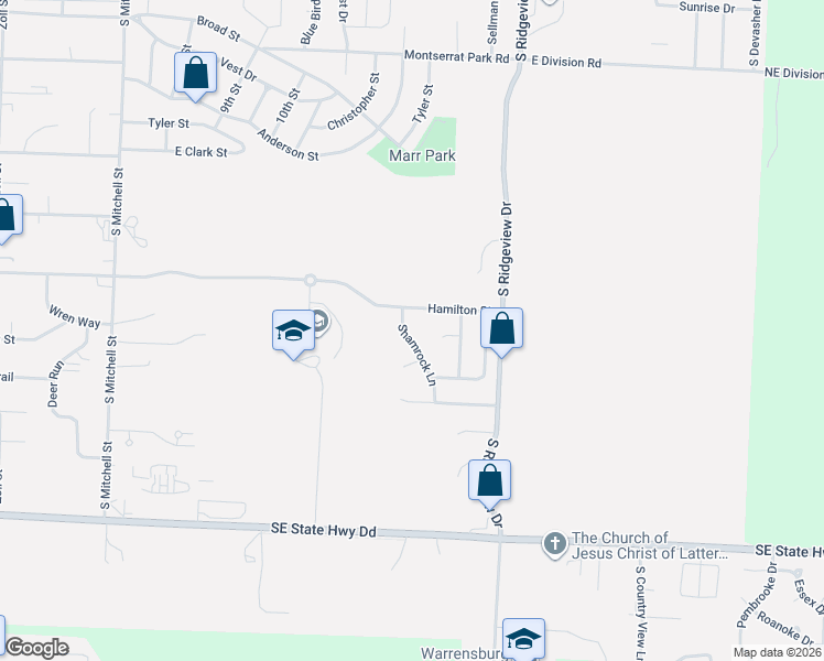 map of restaurants, bars, coffee shops, grocery stores, and more near 705 Shamrock Lane in Warrensburg