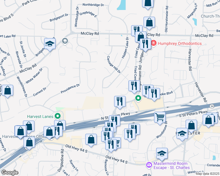 map of restaurants, bars, coffee shops, grocery stores, and more near 605 Bull Valley Drive in St. Peters