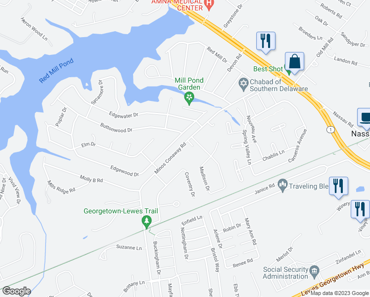 map of restaurants, bars, coffee shops, grocery stores, and more near 17231 Minos Conaway Road in Lewes