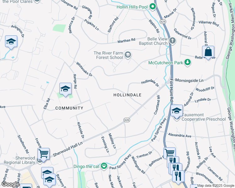 map of restaurants, bars, coffee shops, grocery stores, and more near 1907 Whiteoaks Drive in Alexandria