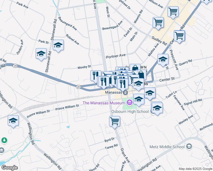 map of restaurants, bars, coffee shops, grocery stores, and more near 9412 Grant Avenue in Manassas