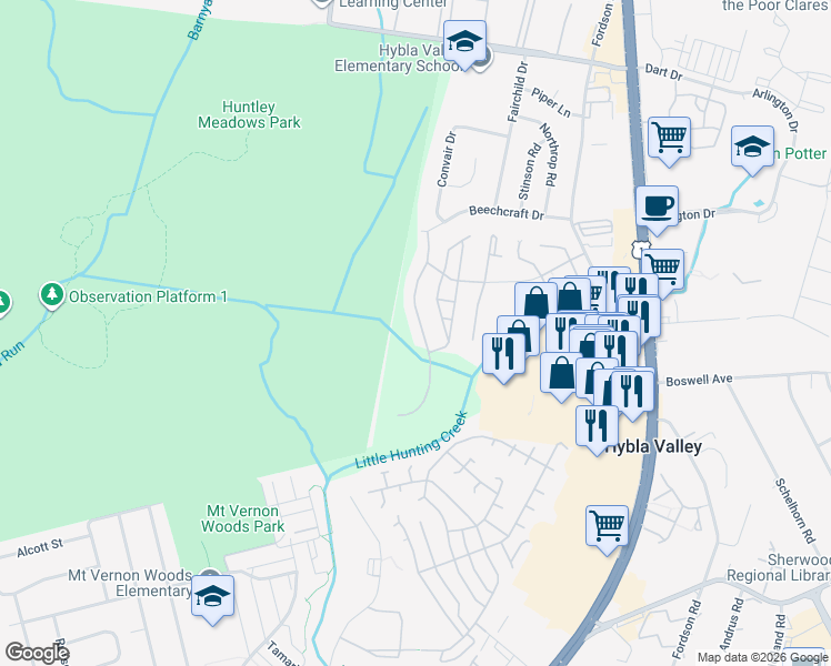 map of restaurants, bars, coffee shops, grocery stores, and more near 7544 Lindberg Drive in Alexandria