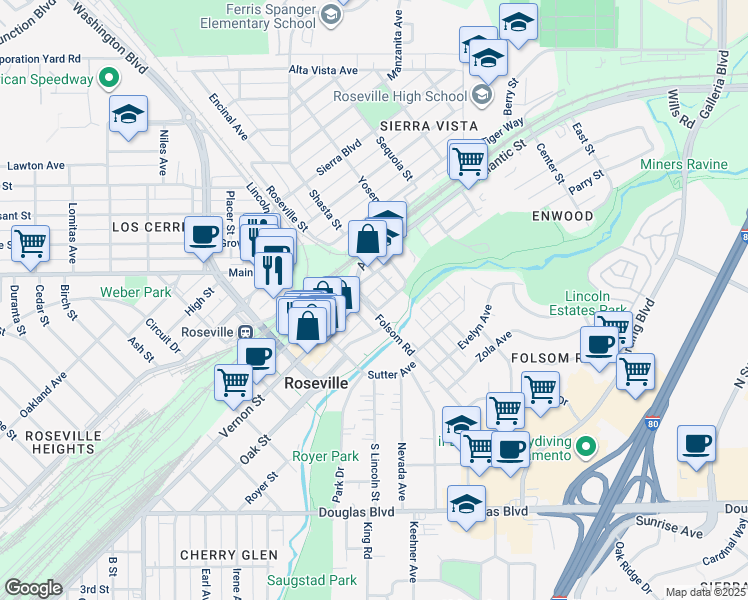 map of restaurants, bars, coffee shops, grocery stores, and more near 209 Walnut Street in Roseville