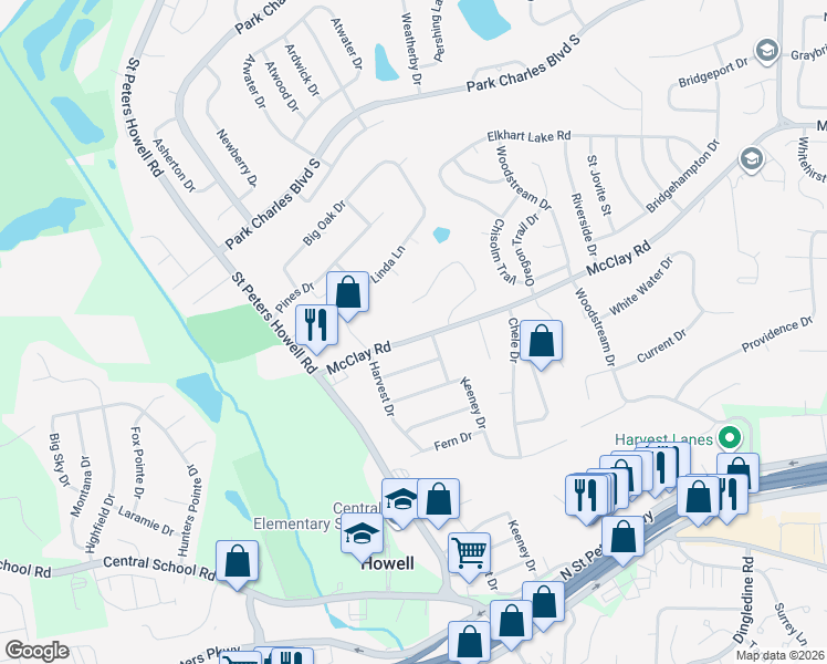 map of restaurants, bars, coffee shops, grocery stores, and more near 4307 McClay Road in Saint Charles