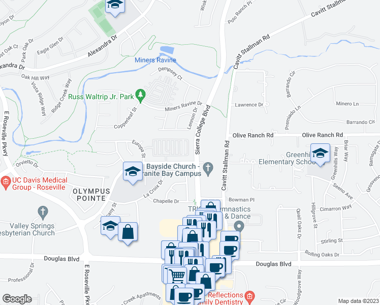 map of restaurants, bars, coffee shops, grocery stores, and more near 3492 Apollo Circle in Roseville