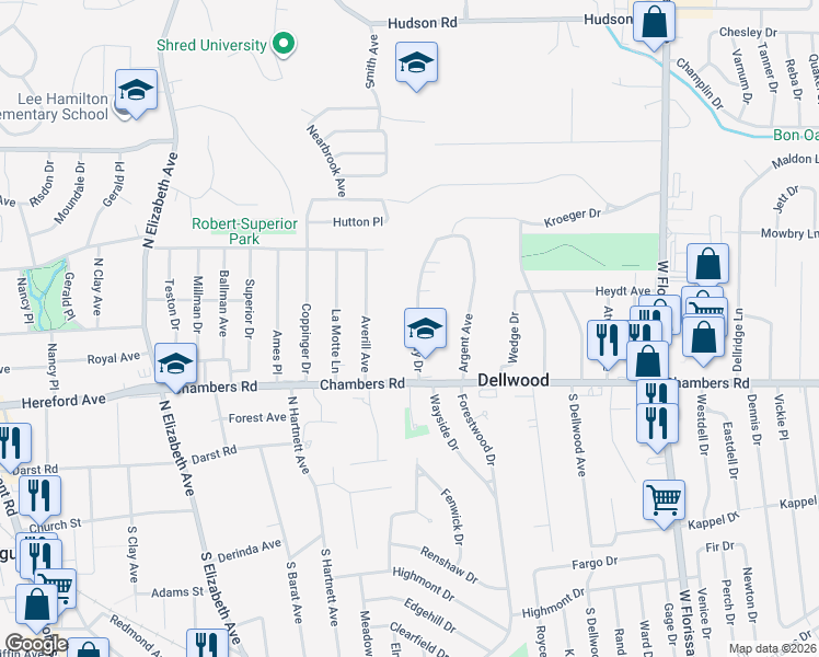 map of restaurants, bars, coffee shops, grocery stores, and more near 233 Day Drive in Ferguson