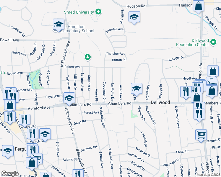 map of restaurants, bars, coffee shops, grocery stores, and more near 326 La Motte Lane in Ferguson