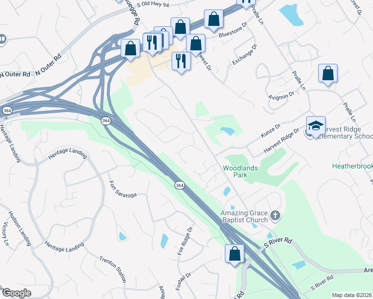 map of restaurants, bars, coffee shops, grocery stores, and more near 2318 Ashley Place Drive in Saint Charles