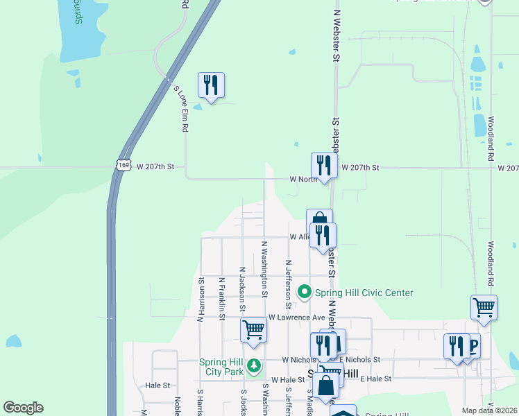 map of restaurants, bars, coffee shops, grocery stores, and more near 815 North Washington Street in Spring Hill