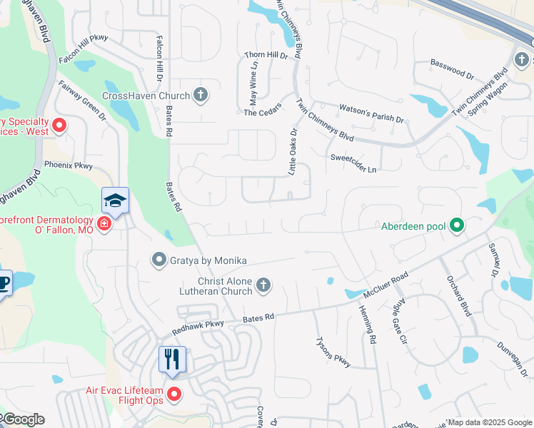 map of restaurants, bars, coffee shops, grocery stores, and more near 38 Hampton Springs Lane in O'Fallon