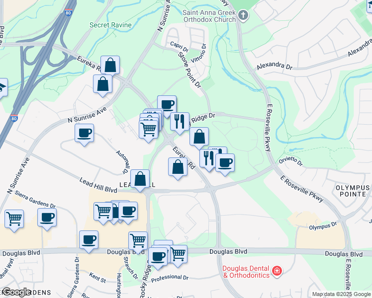 map of restaurants, bars, coffee shops, grocery stores, and more near 1513 Eureka Road in Roseville