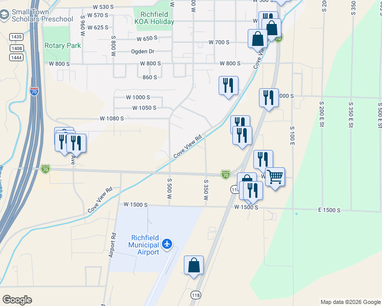 map of restaurants, bars, coffee shops, grocery stores, and more near 1170 Cove View Road in Richfield