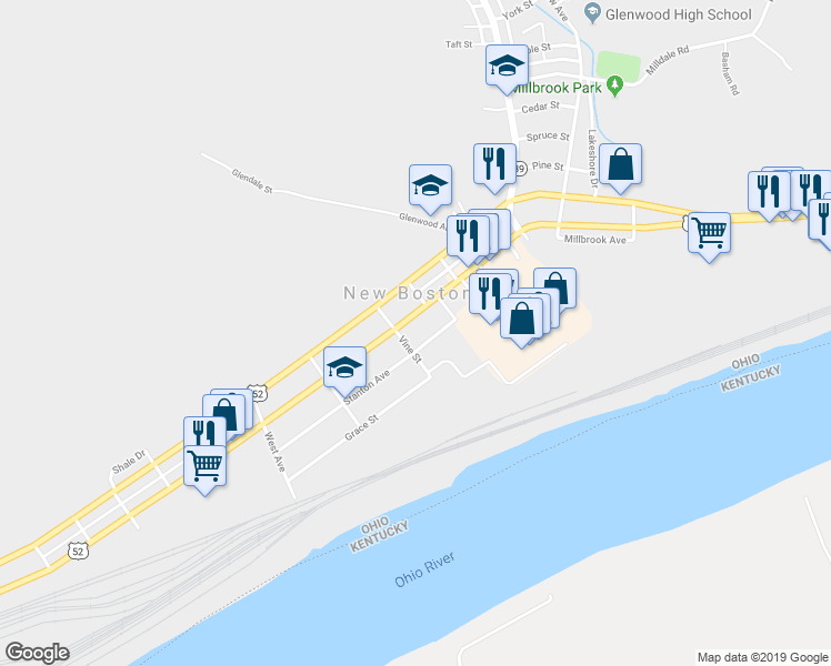 map of restaurants, bars, coffee shops, grocery stores, and more near 3900 Rhodes Avenue in New Boston