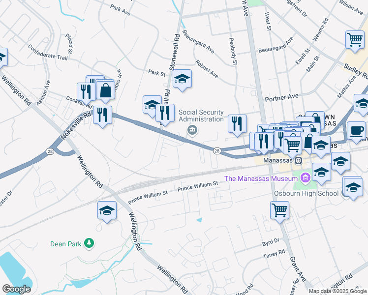 map of restaurants, bars, coffee shops, grocery stores, and more near 9503 Lee Ave W in Manassas