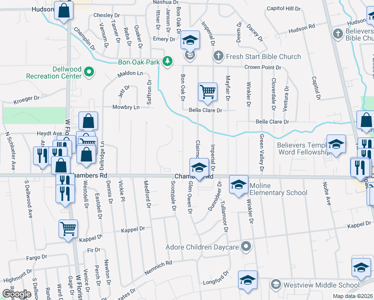map of restaurants, bars, coffee shops, grocery stores, and more near 10035 Bon Oak Drive in St. Louis
