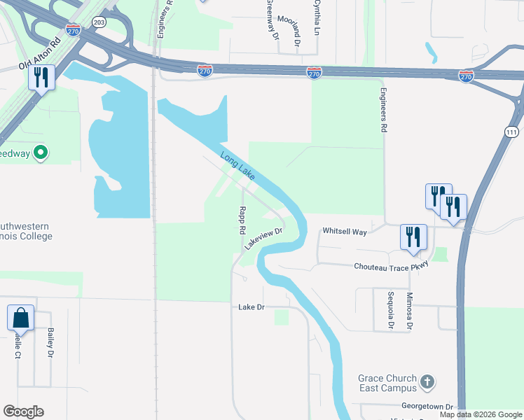 map of restaurants, bars, coffee shops, grocery stores, and more near 5116 Rapp Road in Granite City