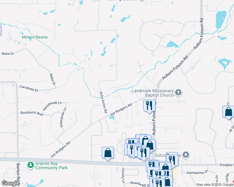map of restaurants, bars, coffee shops, grocery stores, and more near 6752 Miners Ravine Road in Granite Bay