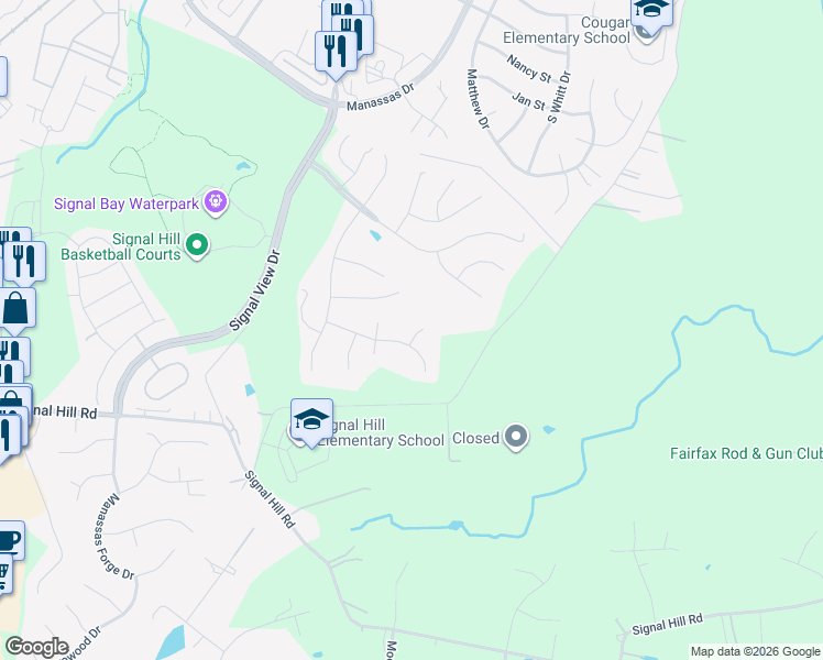 map of restaurants, bars, coffee shops, grocery stores, and more near 9412 Buckhall Farm Court in Manassas