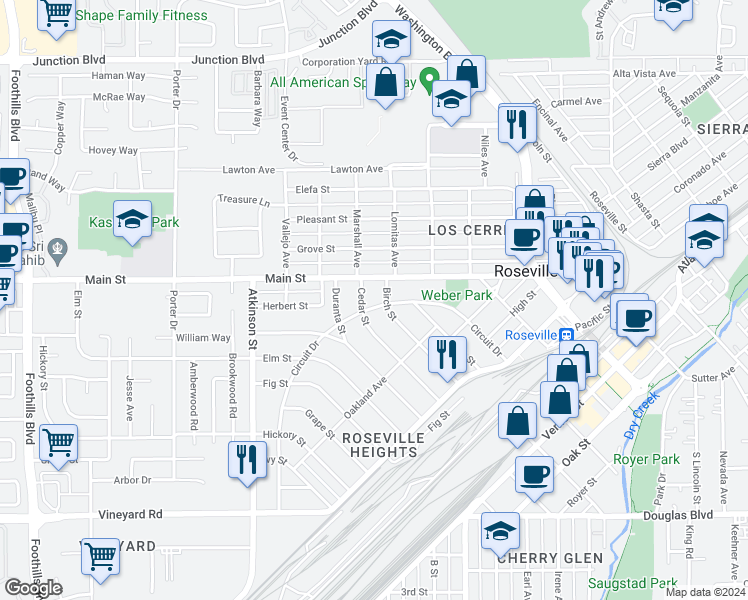 map of restaurants, bars, coffee shops, grocery stores, and more near 412 Circuit Drive in Roseville