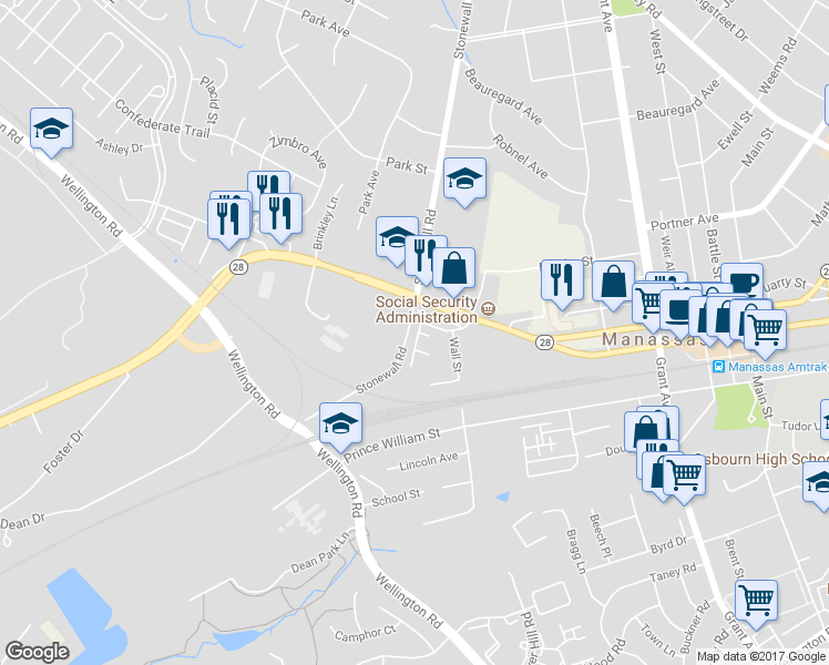 map of restaurants, bars, coffee shops, grocery stores, and more near 9439 Stonewall Road in Manassas