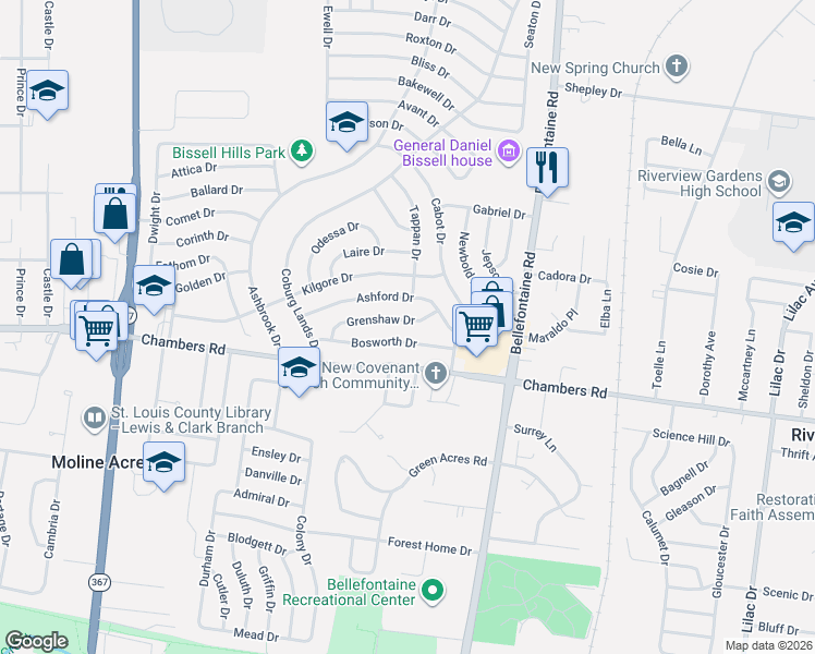 map of restaurants, bars, coffee shops, grocery stores, and more near 1124 Grenshaw Drive in St. Louis
