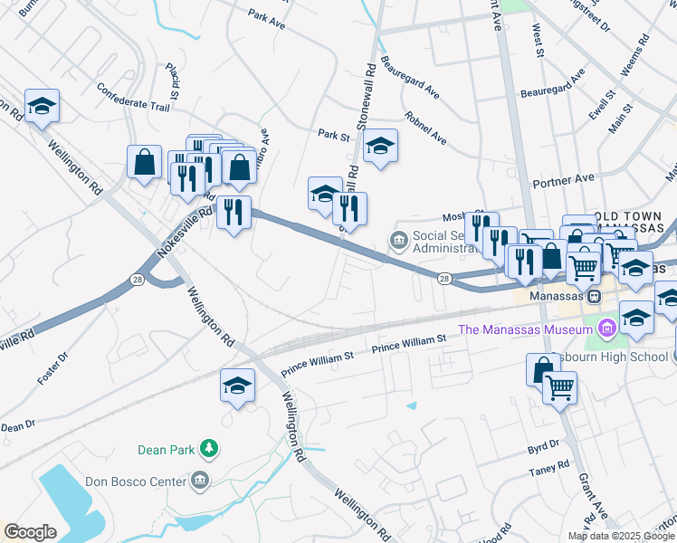 map of restaurants, bars, coffee shops, grocery stores, and more near 9439 Stonewall Road in Manassas