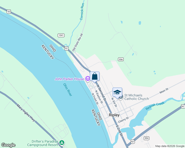 map of restaurants, bars, coffee shops, grocery stores, and more near 402 North Second Street in Ripley