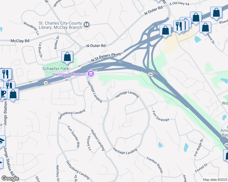 map of restaurants, bars, coffee shops, grocery stores, and more near 1446 Heritage Court in Saint Charles